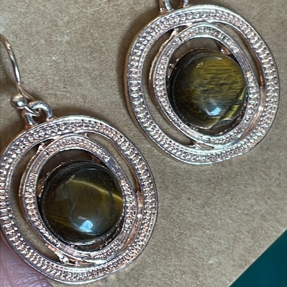 3 pair modern vintage retro tigers eye semi precious stone gold and silver tone